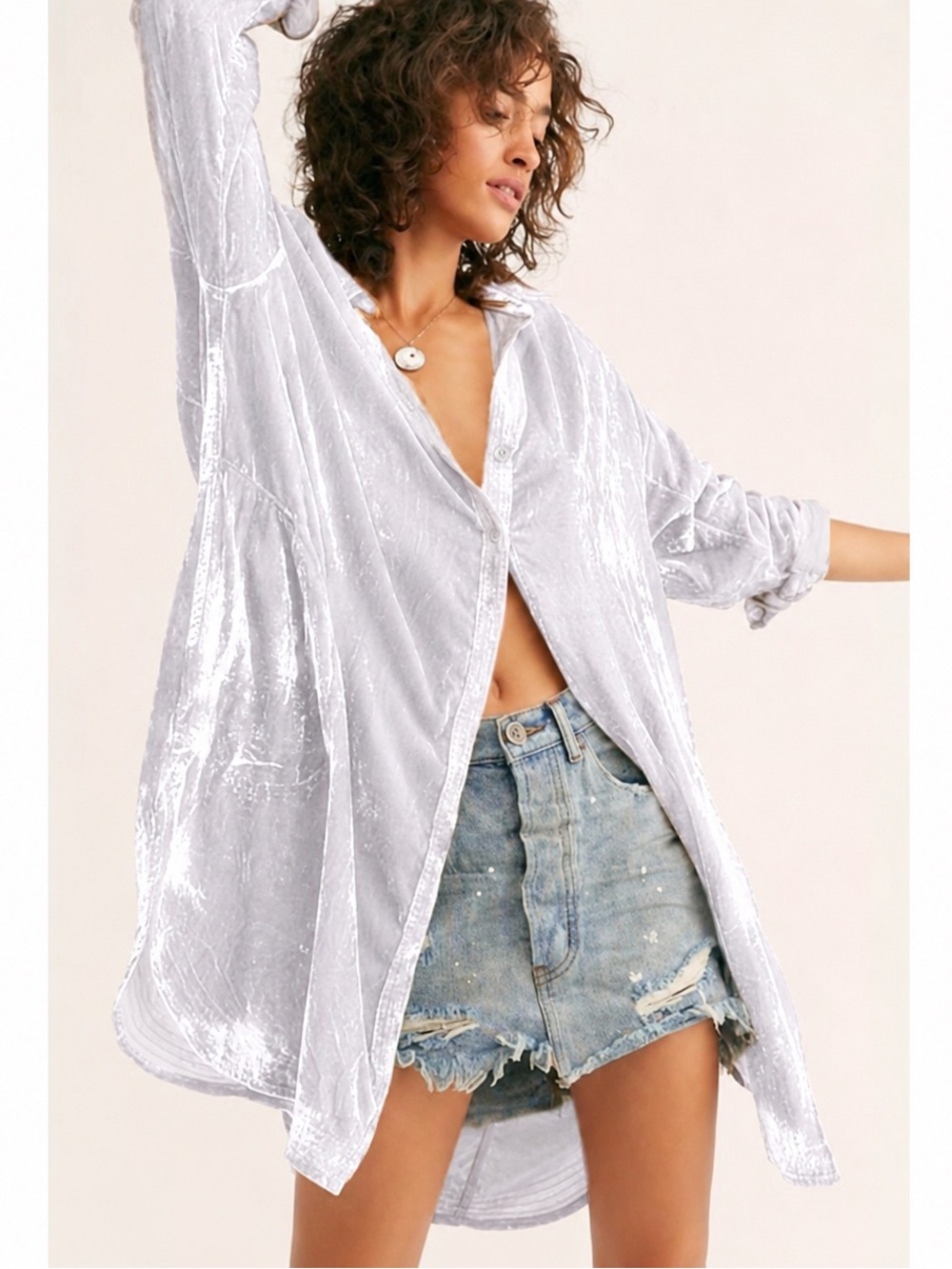 Free People Women’s Small Sorrento White Velvet Button-Down Tunic Shirt Dress
